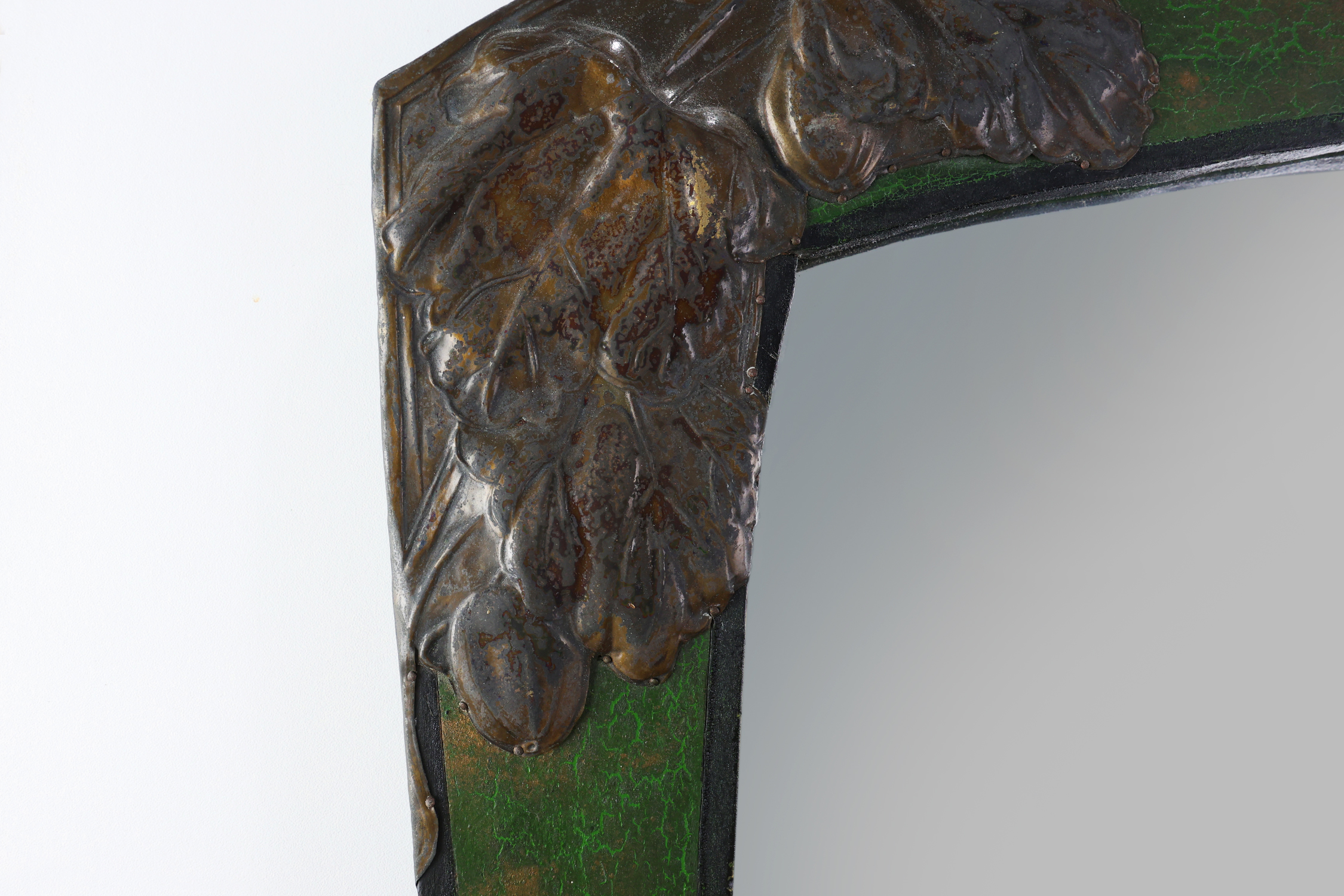 Arts & Crafts Mirror in green metal with glass decoration, France ca. 1905 thumbnail